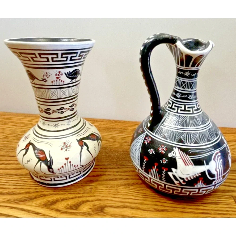 Pair of Unique Greek Vintage Vase Made by Vera G No. 5 & No. 20 Ceramic Handmade